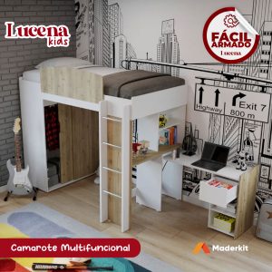 Camarote Multifuncional Lucena Kids montado en una habitación infantil, mostrando escritorio y estantes.