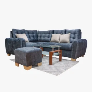 Vista completa de la Sala L Madrid Gold en tela suave y diseño moderno.